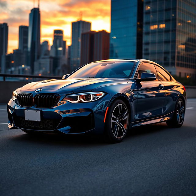 A sleek and modern BMW car, showcased in a dynamic urban environment