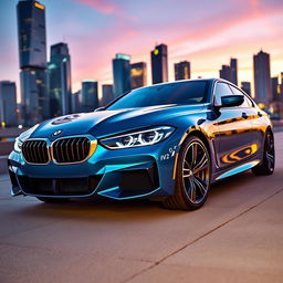 A sleek and modern BMW car, showcased in a dynamic urban environment