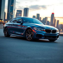 A sleek and modern BMW car, showcased in a dynamic urban environment
