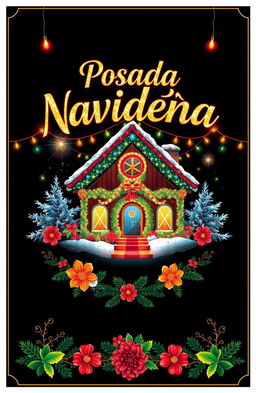 A vibrant and festive cover design for a Christmas gathering, featuring a dark, almost black background that highlights bright elements