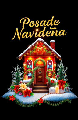 A vibrant and festive cover design for a Christmas gathering, featuring a dark, almost black background that highlights bright elements