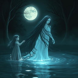 A haunting scene featuring a ghost with long black flowing hair emerging from a dark, eerie pool