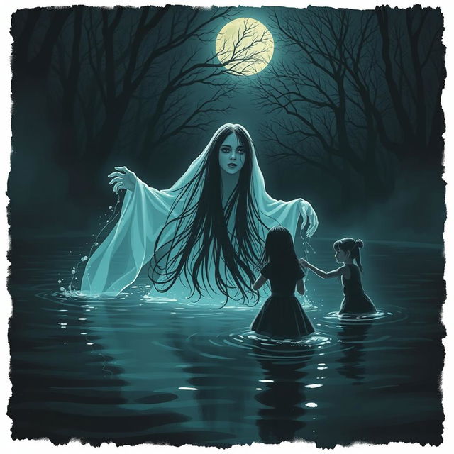 A haunting scene featuring a ghost with long black flowing hair emerging from a dark, eerie pool