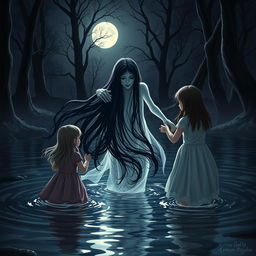 A haunting scene featuring a ghost with long black flowing hair emerging from a dark, eerie pool