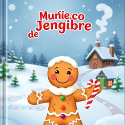 A whimsical Christmas storybook cover featuring a cheerful gingerbread man, with the title 'Muñeco de Jengibre' prominently displayed in a playful, festive font at the top