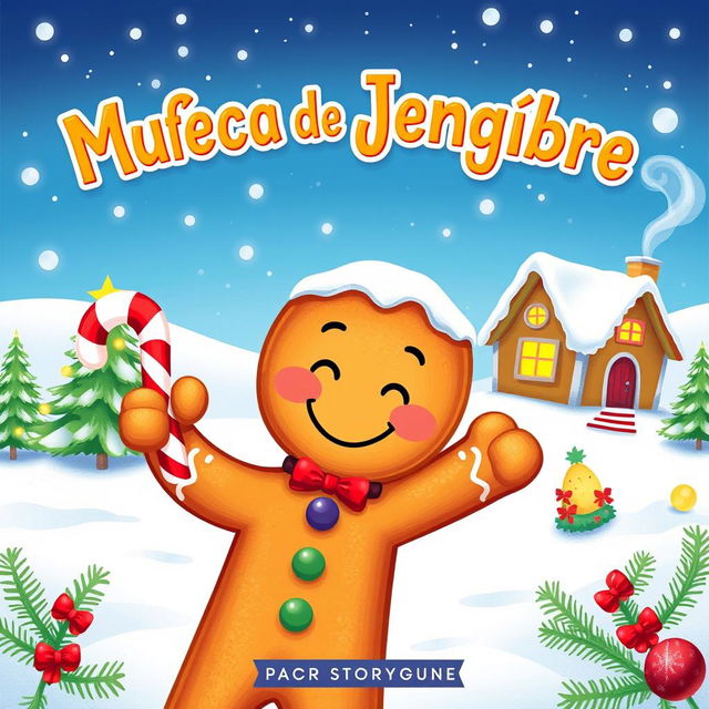 A whimsical Christmas storybook cover featuring a cheerful gingerbread man, with the title 'Muñeco de Jengibre' prominently displayed in a playful, festive font at the top