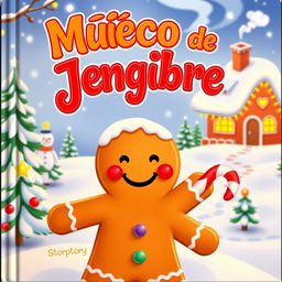 A whimsical Christmas storybook cover featuring a cheerful gingerbread man, with the title 'Muñeco de Jengibre' prominently displayed in a playful, festive font at the top