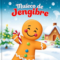A whimsical Christmas storybook cover featuring a cheerful gingerbread man, with the title 'Muñeco de Jengibre' prominently displayed in a playful, festive font at the top
