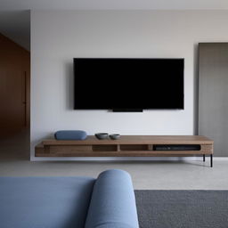 A comfortable living room with greyish floor tiles, a bluish sofa, and a contemporary television unit.