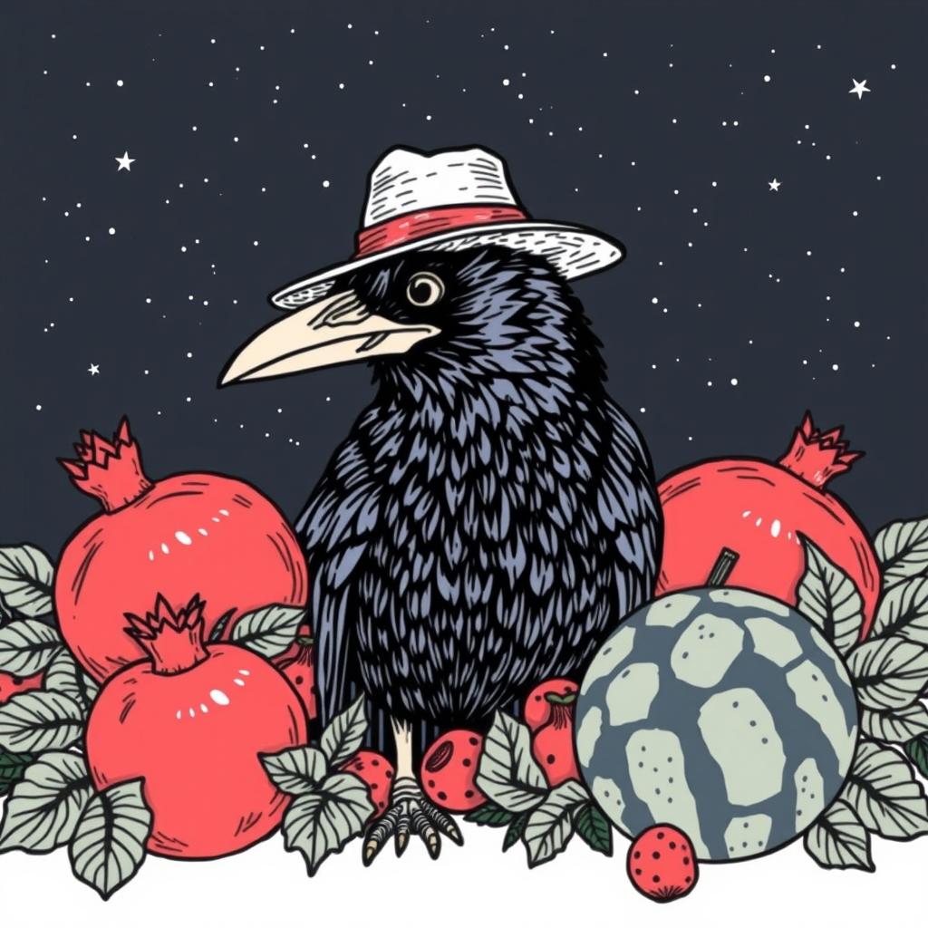 A crow wearing a hat, surrounded by pomegranates and watermelons, under a night sky