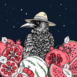 A crow wearing a hat, surrounded by pomegranates and watermelons, under a night sky