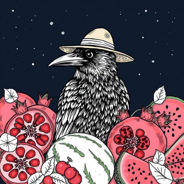 A crow wearing a hat, surrounded by pomegranates and watermelons, under a night sky