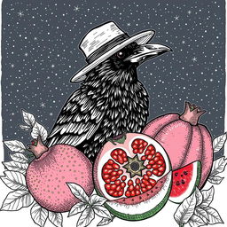 A crow wearing a hat, surrounded by pomegranates and watermelons, under a night sky