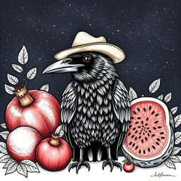 A crow wearing a hat, surrounded by pomegranates and watermelons, under a night sky