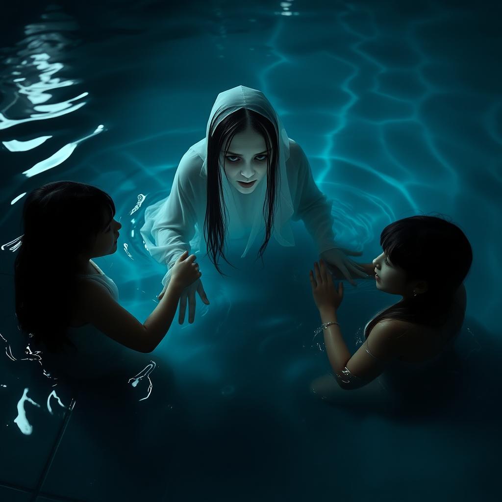 A spooky scene set in a swimming pool, featuring a ghost with long black hair cascading down its back, partially submerged in the water