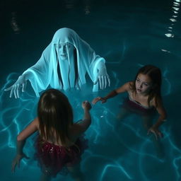 A spooky scene set in a swimming pool, featuring a ghost with long black hair cascading down its back, partially submerged in the water