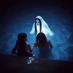 A spooky scene set in a swimming pool, featuring a ghost with long black hair cascading down its back, partially submerged in the water