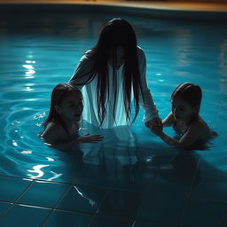 A spooky scene set in a swimming pool, featuring a ghost with long black hair cascading down its back, partially submerged in the water
