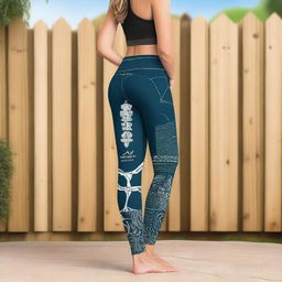 A digital art image of custom-designed yoga pants for a fence supply company