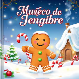 A charming Christmas storybook cover featuring a joyful gingerbread man, with the title 'Muñeco de Jengibre' elegantly displayed at the top in a festive, playful font