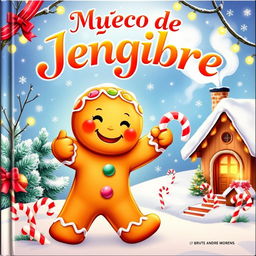 A charming Christmas storybook cover featuring a joyful gingerbread man, with the title 'Muñeco de Jengibre' elegantly displayed at the top in a festive, playful font