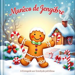 A charming Christmas storybook cover featuring a joyful gingerbread man, with the title 'Muñeco de Jengibre' elegantly displayed at the top in a festive, playful font