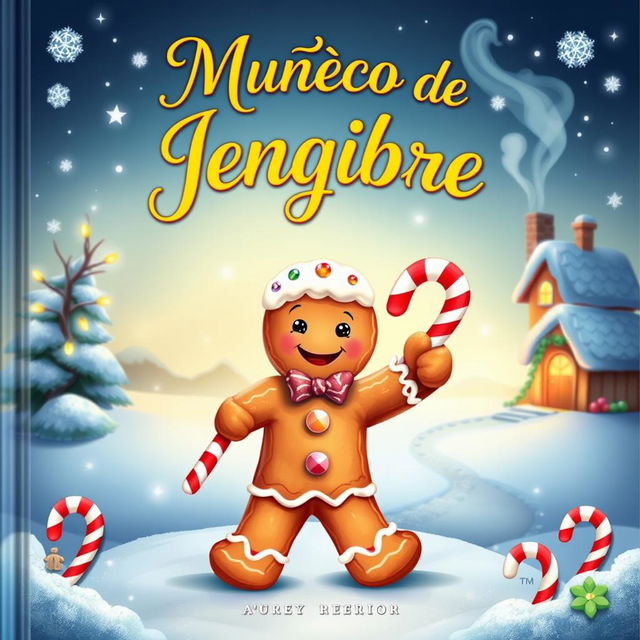 A charming Christmas storybook cover featuring a joyful gingerbread man, with the title 'Muñeco de Jengibre' elegantly displayed at the top in a festive, playful font