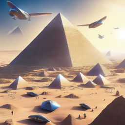 A digital art image showcasing the pyramids of Giza in the year 2075