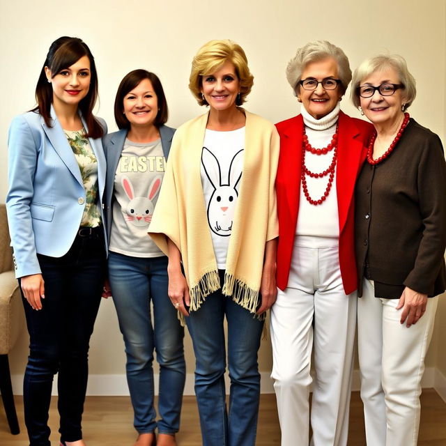 A tall, attractive woman with dark brown hair styled in a half up, half down fashion, wearing a light blue blazer over an Easter-themed shirt and navy jeans