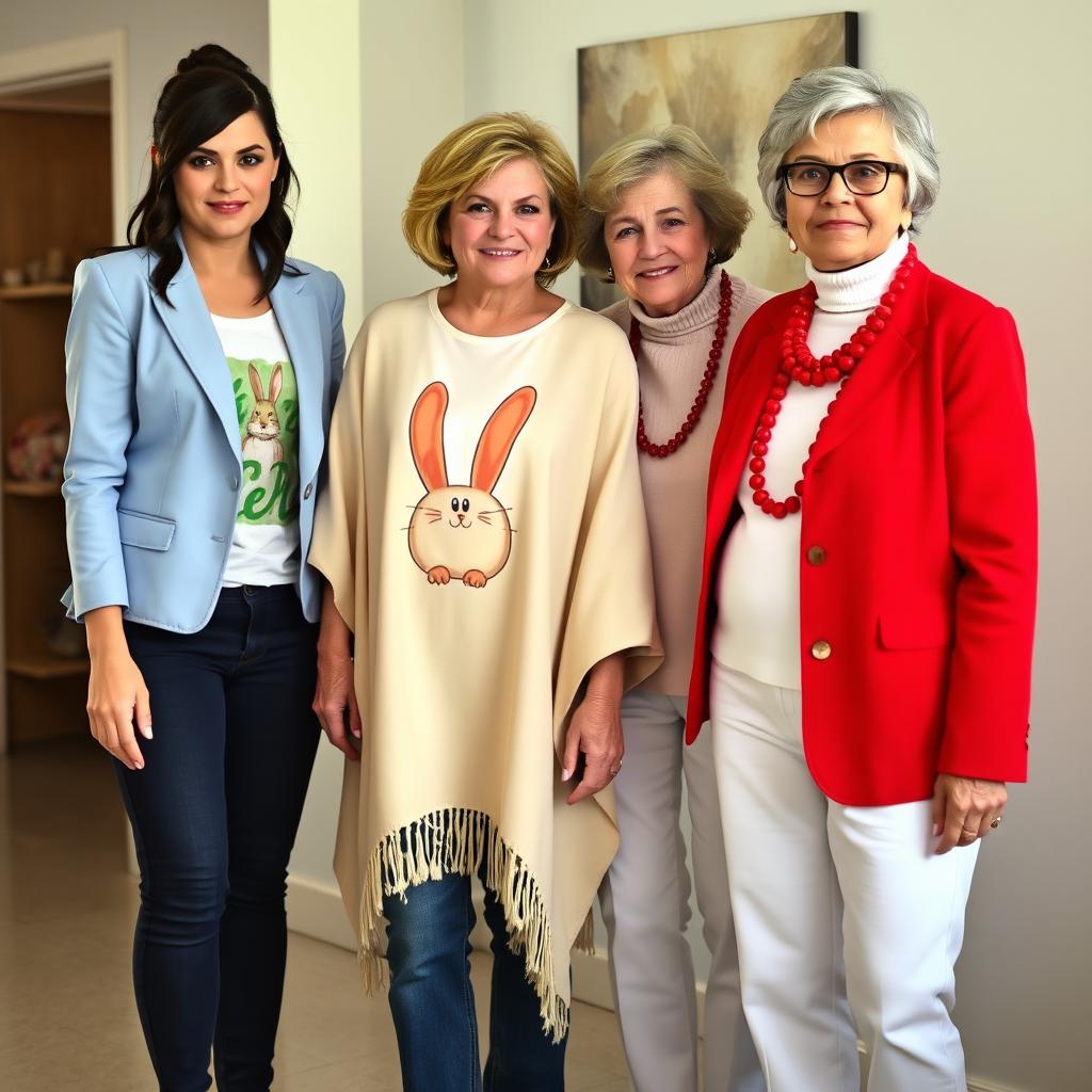 A tall, attractive woman with dark brown hair styled in a half up, half down fashion, wearing a light blue blazer over an Easter-themed shirt and navy jeans