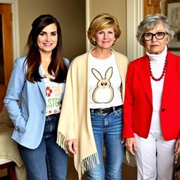 A tall, attractive woman with dark brown hair styled in a half up, half down fashion, wearing a light blue blazer over an Easter-themed shirt and navy jeans