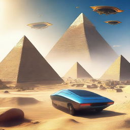 A digital art image showcasing the pyramids of Giza in the year 2075