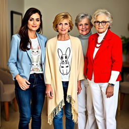 A tall, attractive woman with dark brown hair styled in a half up, half down fashion, wearing a light blue blazer over an Easter-themed shirt and navy jeans