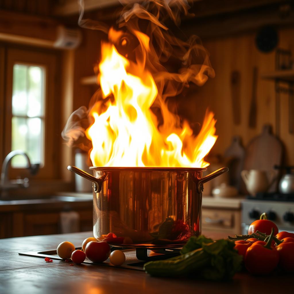 A dramatic scene of a pot on fire, with bright flames licking the sides of a beautifully designed copper pot