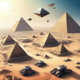 A digital art image showcasing the pyramids of Giza in the year 2075