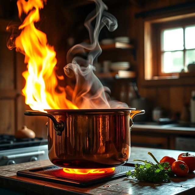 A dramatic scene of a pot on fire, with bright flames licking the sides of a beautifully designed copper pot