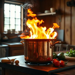 A dramatic scene of a pot on fire, with bright flames licking the sides of a beautifully designed copper pot