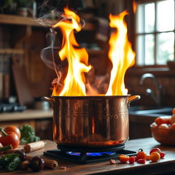 A dramatic scene of a pot on fire, with bright flames licking the sides of a beautifully designed copper pot