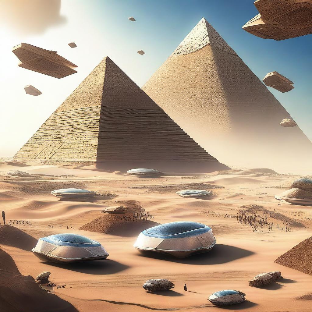 A digital art image showcasing the pyramids of Giza in the year 2075