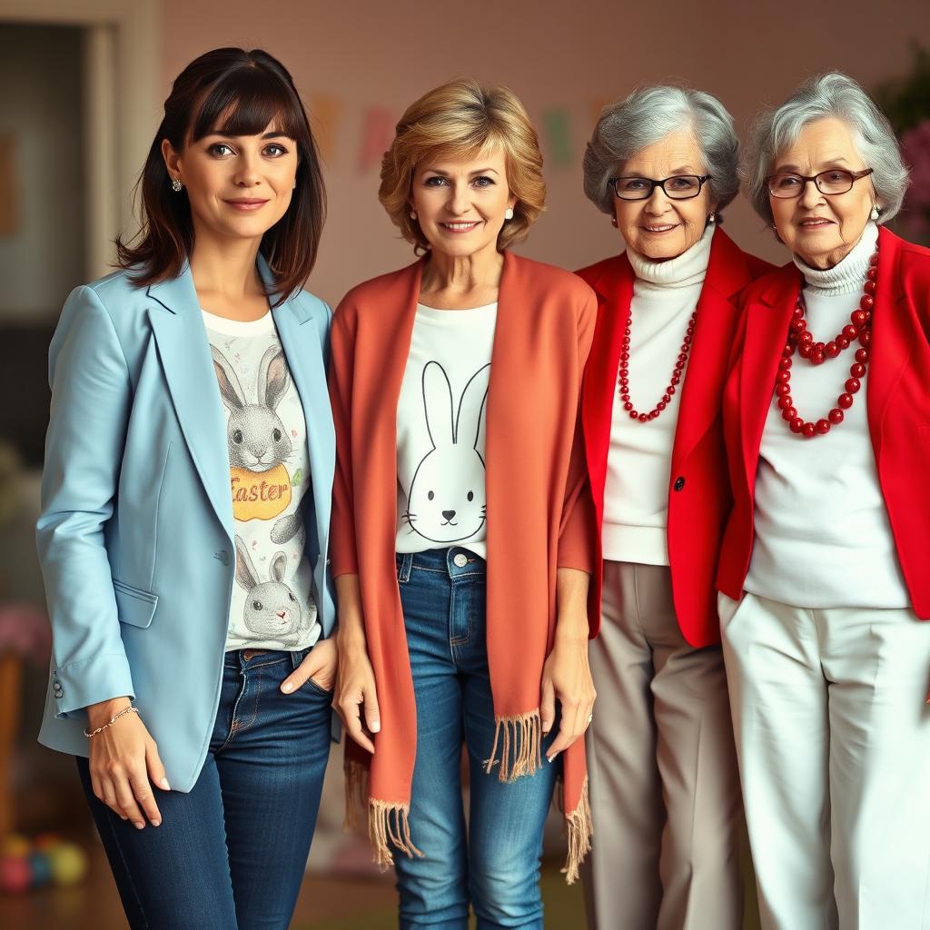 A tall, pretty woman with dark brown hair styled in bangs and a half up half down hairstyle, wearing a light blue blazer over an Easter themed shirt and navy jeans