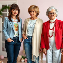 A tall, pretty woman with dark brown hair styled in bangs and a half up half down hairstyle, wearing a light blue blazer over an Easter themed shirt and navy jeans