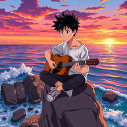 An anime-style illustration of a teenage boy playing the guitar on a cliff by the sea during sunset