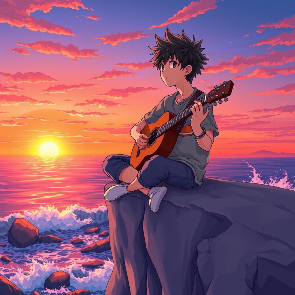 An anime-style illustration of a teenage boy playing the guitar on a cliff by the sea during sunset