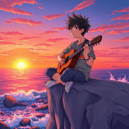 An anime-style illustration of a teenage boy playing the guitar on a cliff by the sea during sunset