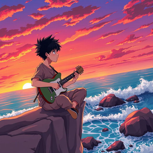 An anime-style illustration of a teenage boy playing the guitar on a cliff by the sea during sunset