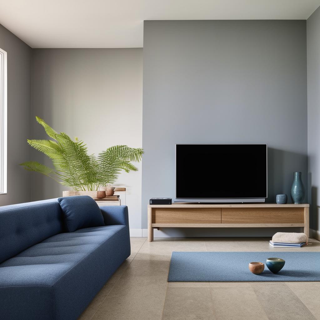 A comfortable living room with greyish floor tiles, a bluish sofa, and a contemporary television unit.