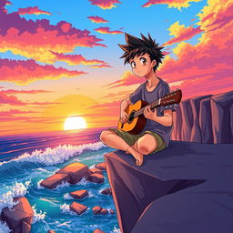 An anime-style illustration of a teenage boy playing the guitar on a cliff by the sea during sunset