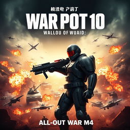 A dramatic movie poster for 'War Pot 10: All-Out War M4', featuring an epic scene of fierce battle
