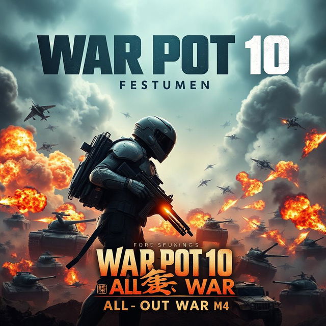 A dramatic movie poster for 'War Pot 10: All-Out War M4', featuring an epic scene of fierce battle