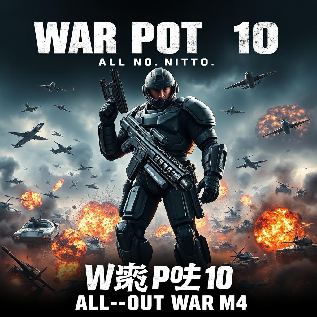 A dramatic movie poster for 'War Pot 10: All-Out War M4', featuring an epic scene of fierce battle